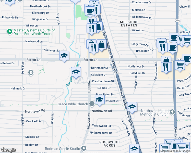 map of restaurants, bars, coffee shops, grocery stores, and more near 5218 Caladium Drive in Dallas