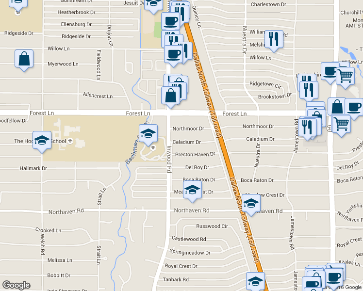 map of restaurants, bars, coffee shops, grocery stores, and more near 5218 Caladium Drive in Dallas