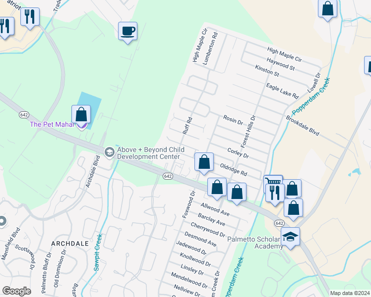 map of restaurants, bars, coffee shops, grocery stores, and more near 7871 Nummie Court in North Charleston