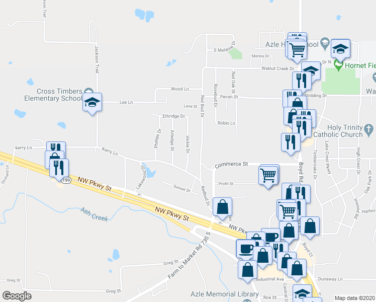 map of restaurants, bars, coffee shops, grocery stores, and more near 725 Vickie Drive in Azle