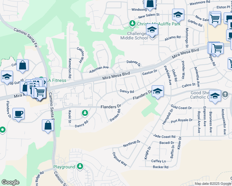 map of restaurants, bars, coffee shops, grocery stores, and more near 7595 Dancy Road in San Diego