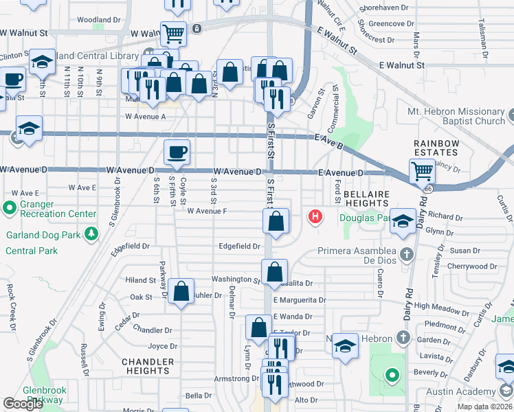 map of restaurants, bars, coffee shops, grocery stores, and more near 109 West Avenue F in Garland