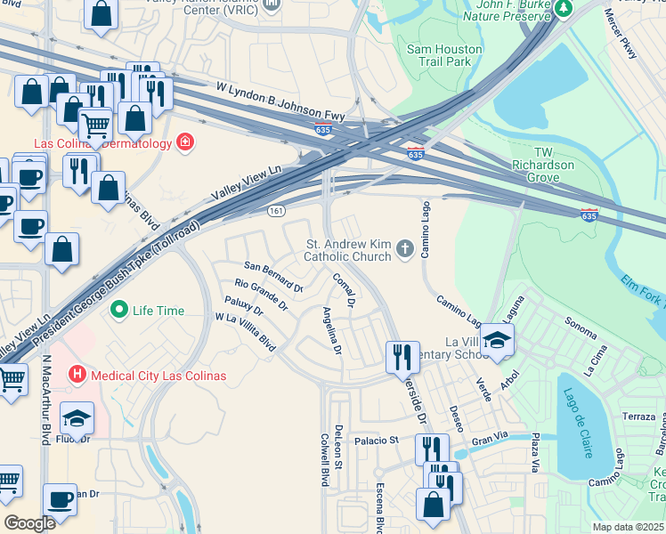 map of restaurants, bars, coffee shops, grocery stores, and more near 3 Comal Dr in Irving