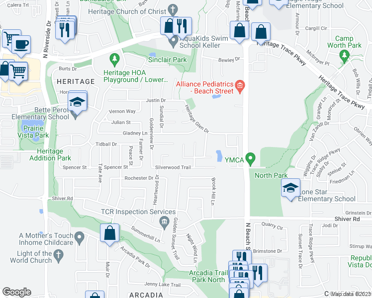 map of restaurants, bars, coffee shops, grocery stores, and more near 9220 Monument Court in Fort Worth
