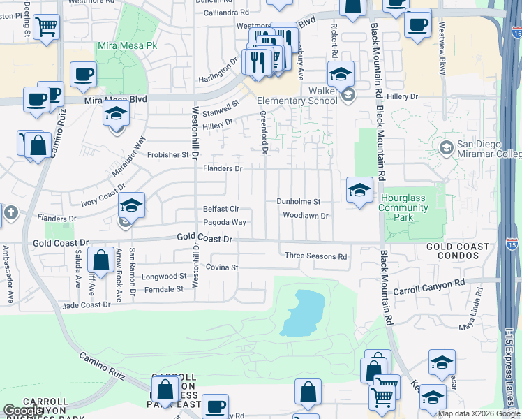 map of restaurants, bars, coffee shops, grocery stores, and more near 10407 Gold Coast Place in San Diego