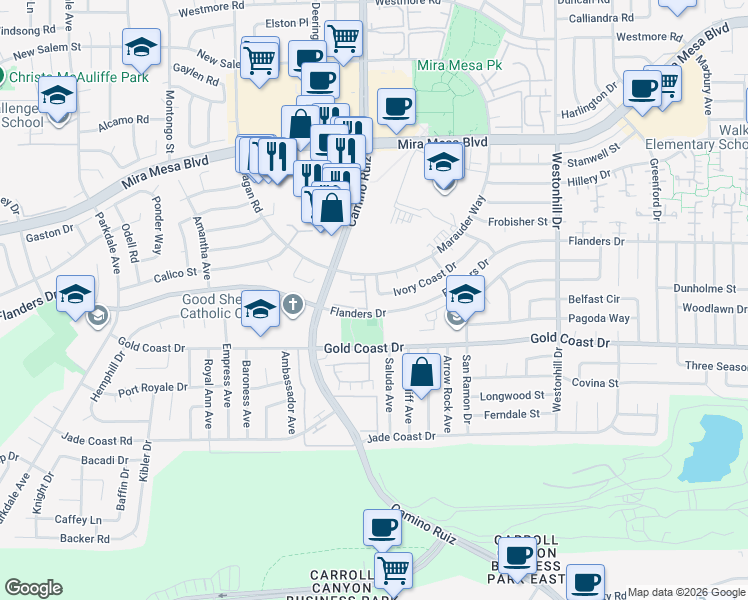 map of restaurants, bars, coffee shops, grocery stores, and more near 8316 Flanders Drive in San Diego