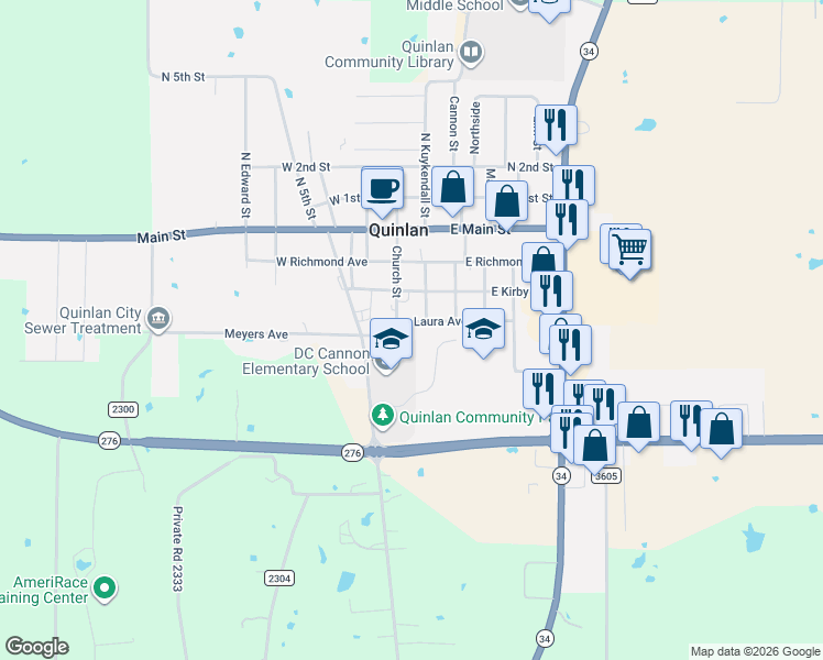 map of restaurants, bars, coffee shops, grocery stores, and more near 109 East Laura Avenue in Quinlan