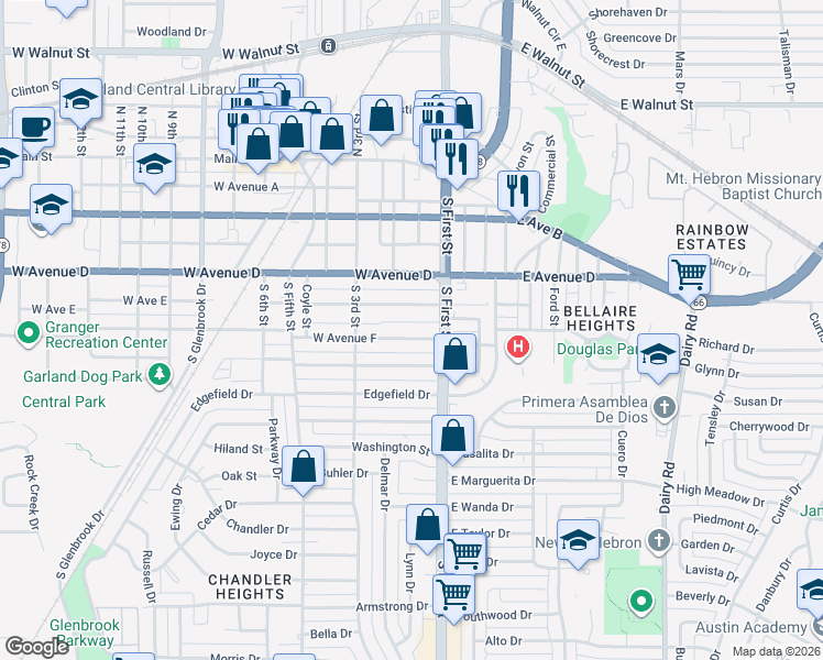 map of restaurants, bars, coffee shops, grocery stores, and more near 109 West Avenue F in Garland