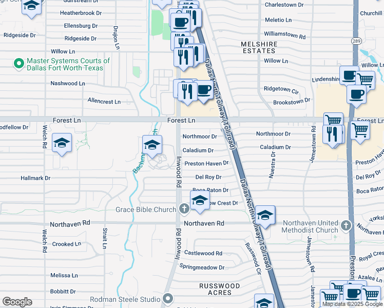 map of restaurants, bars, coffee shops, grocery stores, and more near 5218 Caladium Drive in Dallas