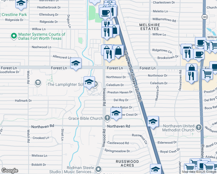 map of restaurants, bars, coffee shops, grocery stores, and more near 5218 Caladium Drive in Dallas