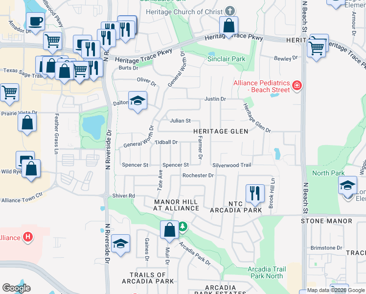 map of restaurants, bars, coffee shops, grocery stores, and more near 9132 Chardin Park Drive in Fort Worth