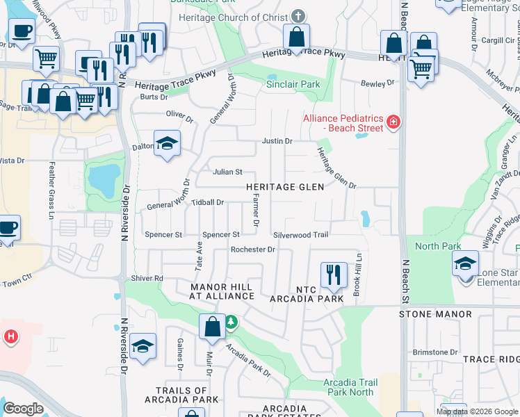 map of restaurants, bars, coffee shops, grocery stores, and more near 9140 Farmer Drive in Fort Worth