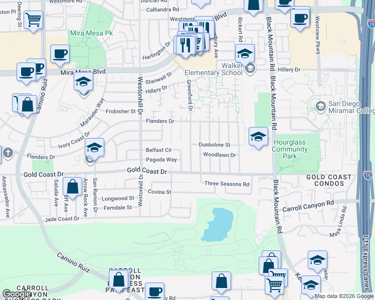 map of restaurants, bars, coffee shops, grocery stores, and more near 10407 Gold Coast Place in San Diego