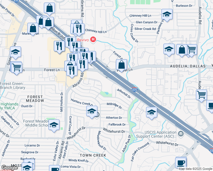 map of restaurants, bars, coffee shops, grocery stores, and more near 9475 Forest Springs Drive in Dallas