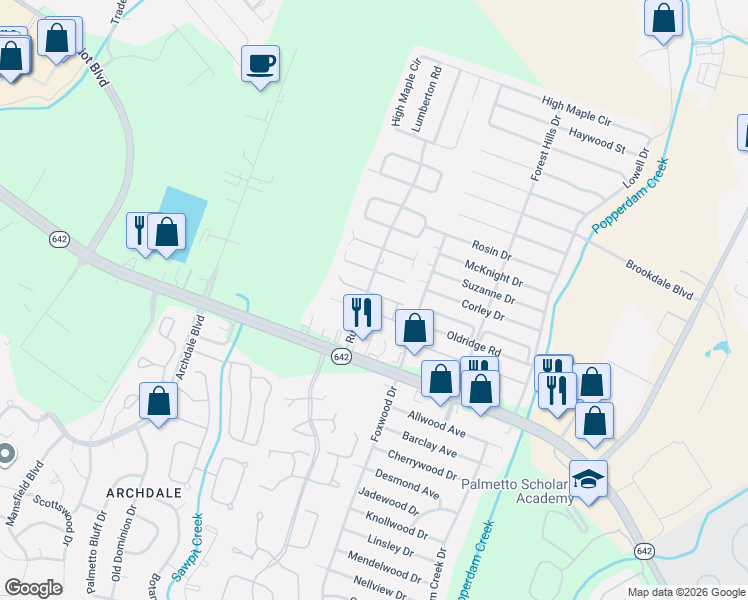 map of restaurants, bars, coffee shops, grocery stores, and more near 7871 Nummie Court in North Charleston