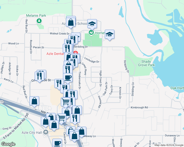 map of restaurants, bars, coffee shops, grocery stores, and more near 400 Greenleaf Drive in Azle