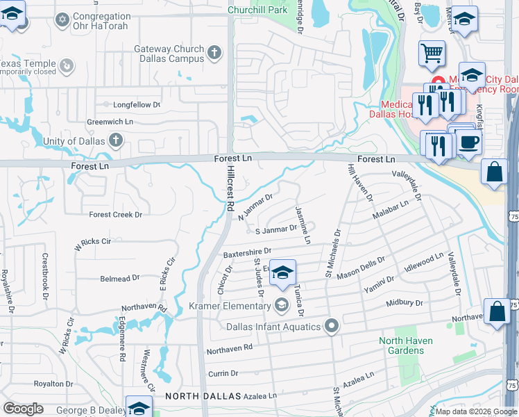 map of restaurants, bars, coffee shops, grocery stores, and more near 7030 North Janmar Drive in Dallas