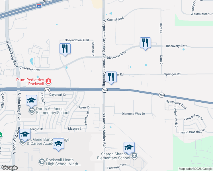 map of restaurants, bars, coffee shops, grocery stores, and more near 1927 Texas 276 in Rockwall