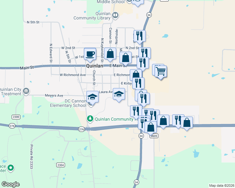 map of restaurants, bars, coffee shops, grocery stores, and more near 301 Laura Avenue in Quinlan
