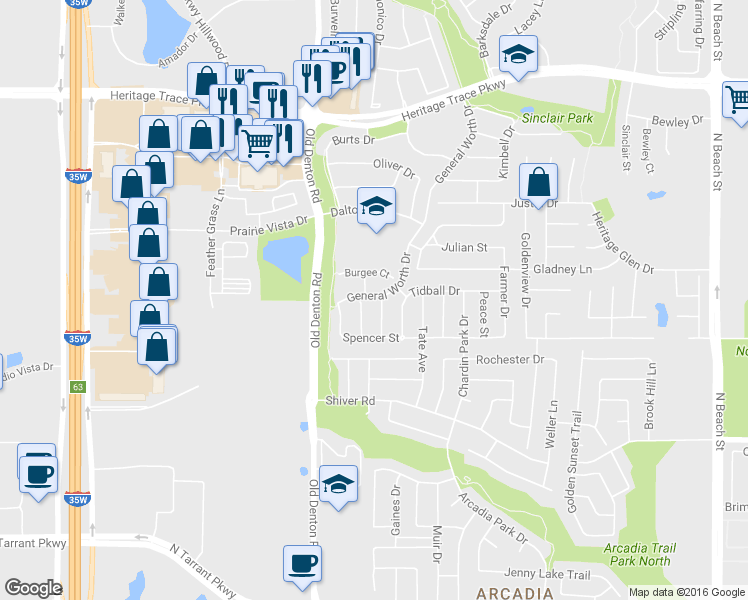 map of restaurants, bars, coffee shops, grocery stores, and more near 9133 Brinson Drive in Fort Worth