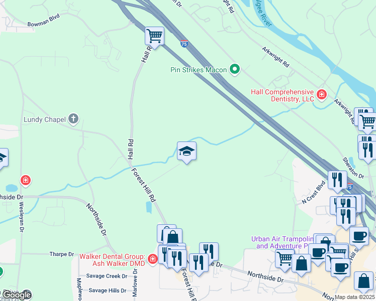 map of restaurants, bars, coffee shops, grocery stores, and more near 840 Tolliver Place in Macon