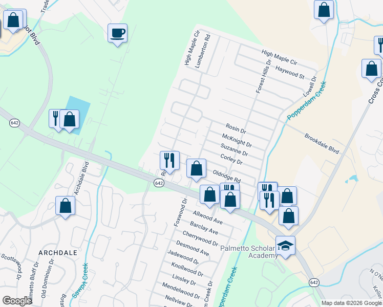 map of restaurants, bars, coffee shops, grocery stores, and more near 7814 Nummie Court in Charleston