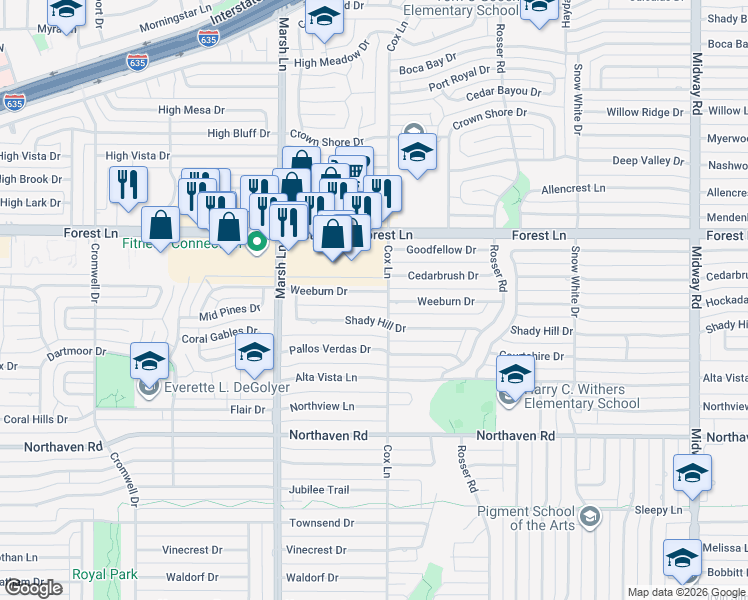 map of restaurants, bars, coffee shops, grocery stores, and more near 3776 Weeburn Drive in Dallas