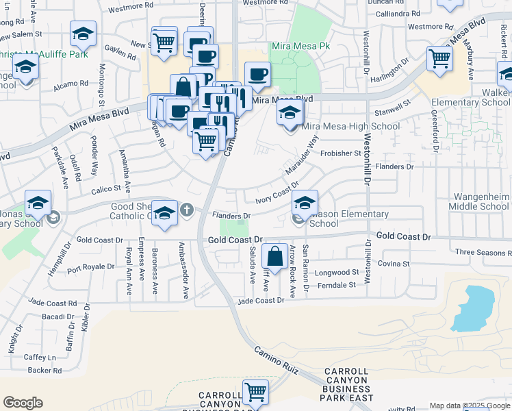 map of restaurants, bars, coffee shops, grocery stores, and more near 8405 Ivory Coast Drive in San Diego