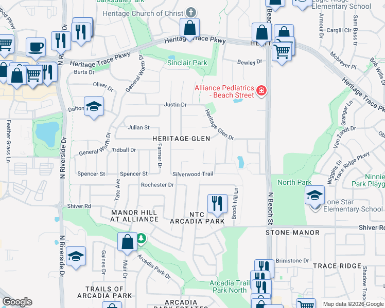 map of restaurants, bars, coffee shops, grocery stores, and more near 4140 Heirship Court in Fort Worth