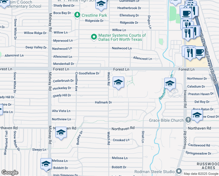 map of restaurants, bars, coffee shops, grocery stores, and more near 11600 Welch Road in Dallas