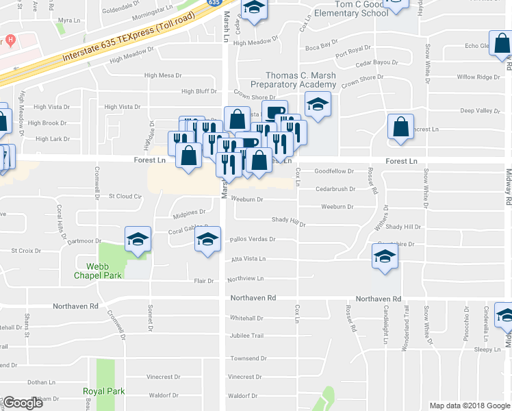map of restaurants, bars, coffee shops, grocery stores, and more near 3740 Weeburn Drive in Dallas