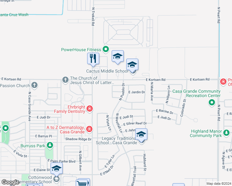 map of restaurants, bars, coffee shops, grocery stores, and more near 1173 East Jardin Drive in Casa Grande