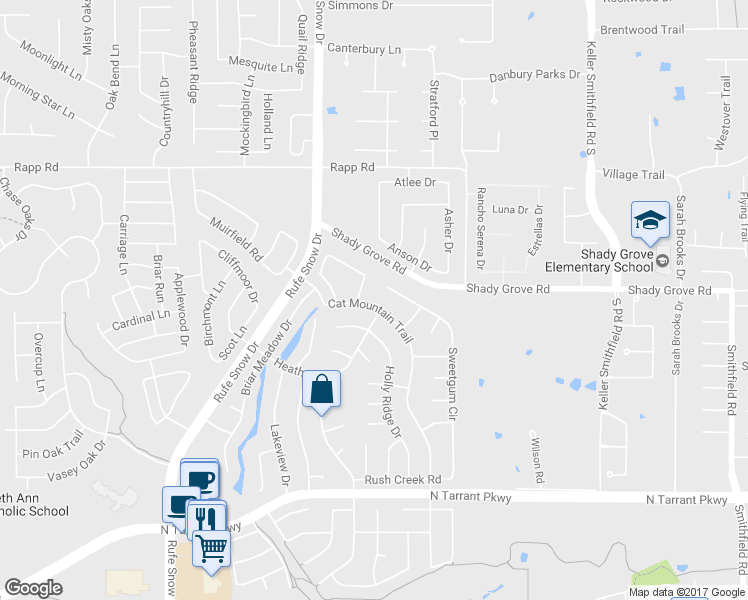 map of restaurants, bars, coffee shops, grocery stores, and more near 1413 Cat Mountain Trail in Keller