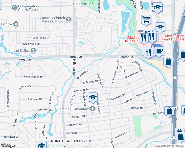 map of restaurants, bars, coffee shops, grocery stores, and more near 7207 Kenny Lane in Dallas