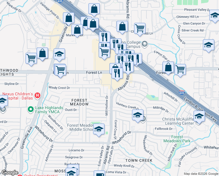 map of restaurants, bars, coffee shops, grocery stores, and more near 9616 Mill Hollow Drive in Dallas