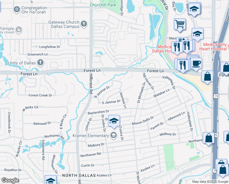 map of restaurants, bars, coffee shops, grocery stores, and more near 7207 Kenny Lane in Dallas