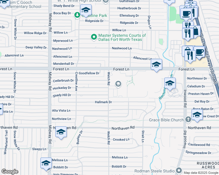 map of restaurants, bars, coffee shops, grocery stores, and more near 4558 Hockaday Drive in Dallas