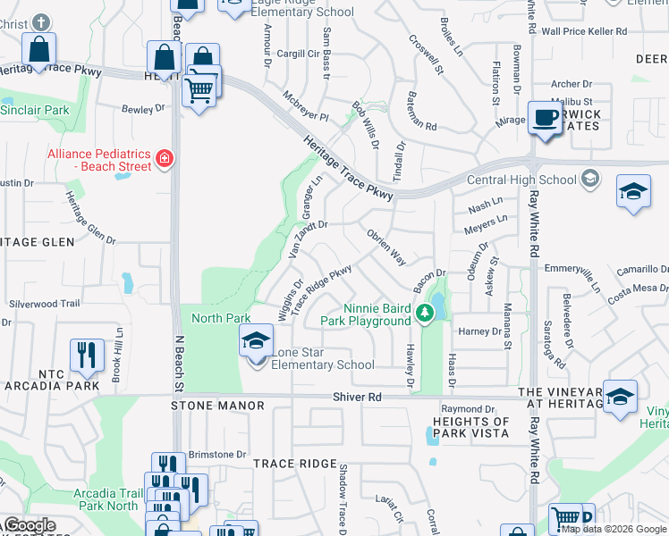 map of restaurants, bars, coffee shops, grocery stores, and more near 9100 Crandall Drive in Fort Worth