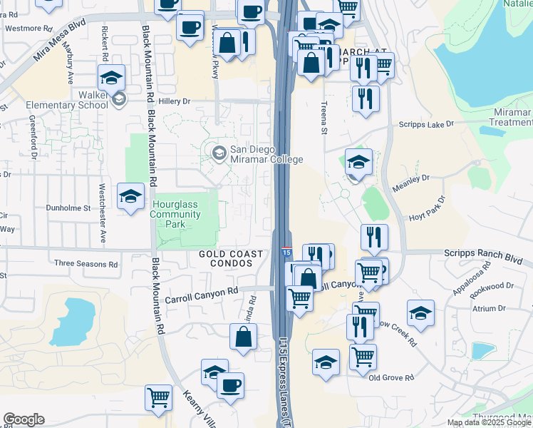 map of restaurants, bars, coffee shops, grocery stores, and more near 10380 Maya Linda Road in San Diego
