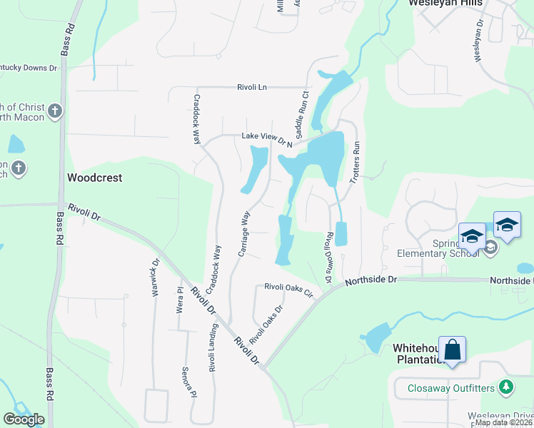 map of restaurants, bars, coffee shops, grocery stores, and more near 404 Old Mill Court in Macon