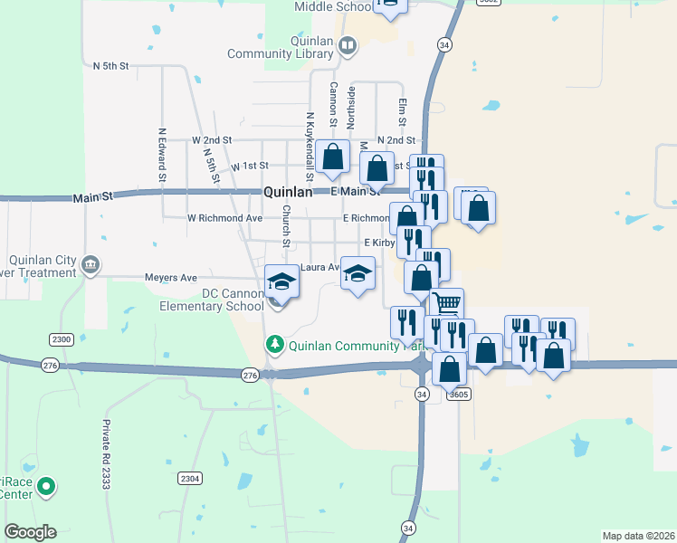 map of restaurants, bars, coffee shops, grocery stores, and more near 301 Laura Avenue in Quinlan