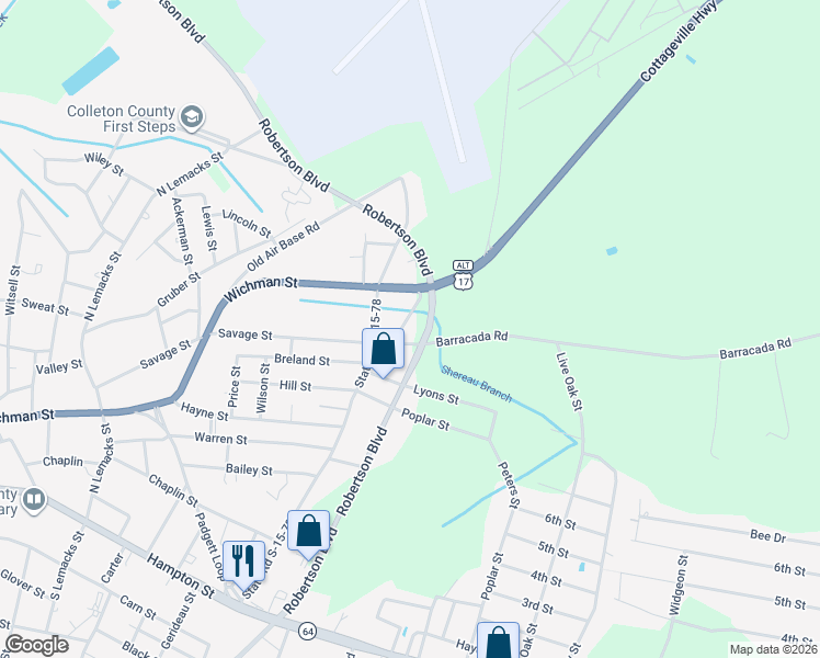 map of restaurants, bars, coffee shops, grocery stores, and more near 557 Barracada Road in Walterboro
