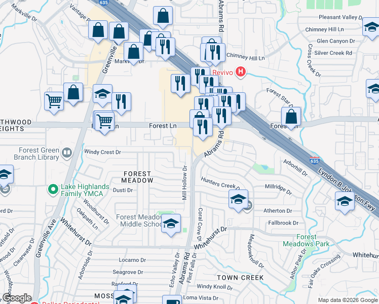 map of restaurants, bars, coffee shops, grocery stores, and more near 9616 Mill Hollow Drive in Dallas