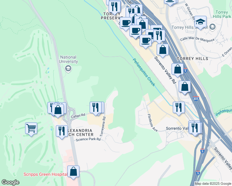 map of restaurants, bars, coffee shops, grocery stores, and more near 11095 Torreyana Road in San Diego