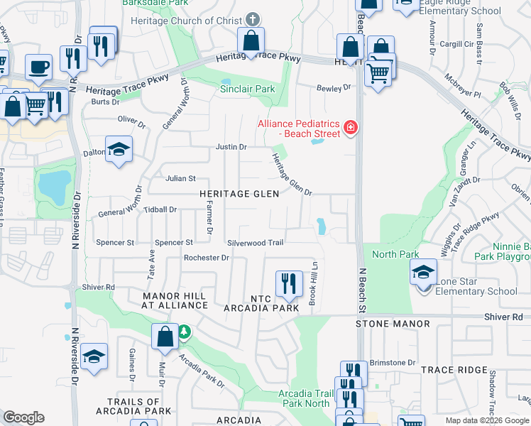 map of restaurants, bars, coffee shops, grocery stores, and more near 9225 Monument Court in Fort Worth