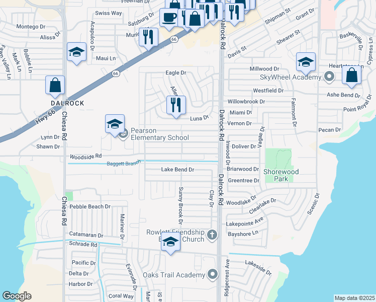 map of restaurants, bars, coffee shops, grocery stores, and more near 8363 Woodside Road in Rowlett