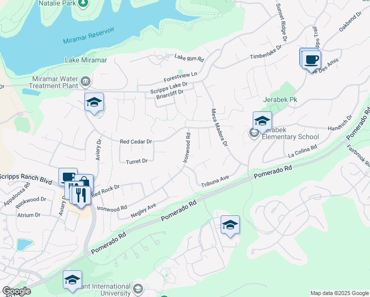 map of restaurants, bars, coffee shops, grocery stores, and more near 11320 Ironwood Road in San Diego