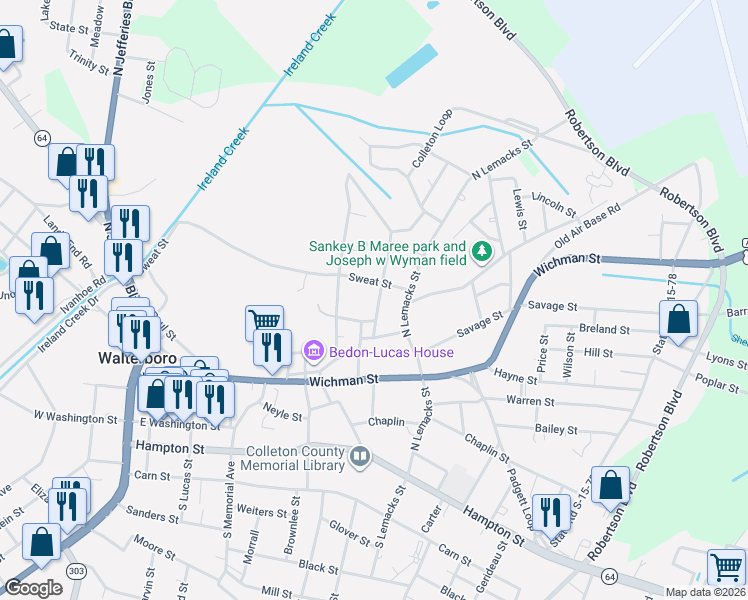 map of restaurants, bars, coffee shops, grocery stores, and more near 205 Verdier Street in Walterboro