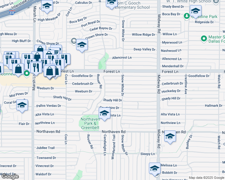 map of restaurants, bars, coffee shops, grocery stores, and more near 3940 Hockaday Drive in Dallas
