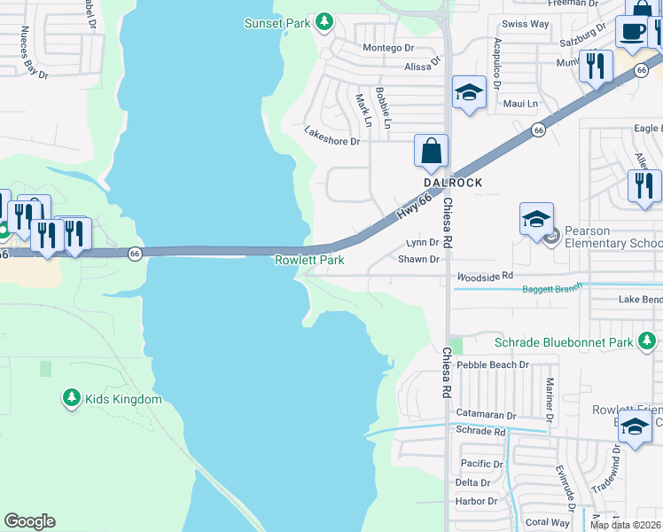 map of restaurants, bars, coffee shops, grocery stores, and more near 6710 Lakeview Parkway in Rowlett